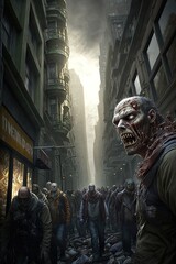 Fototapeta premium Crowd of Zombies invading the city, horror Halloween concept, Zombie apocalypse (not real people) - Generative AI