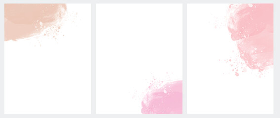 Set of 3 Delicate Abstract Watercolor Style Vector Layouts. Light Coral and Pale Pink Paint Stains on a White Background. Pastel Color Stains and Splatter Print Set.	
