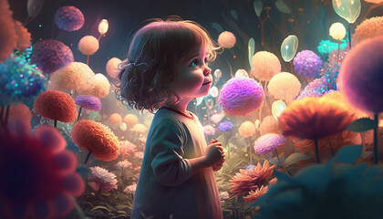Girl in a magical garden filled with flowers and plants of all colors, illuminated by the soft glow of fairy lights #4
