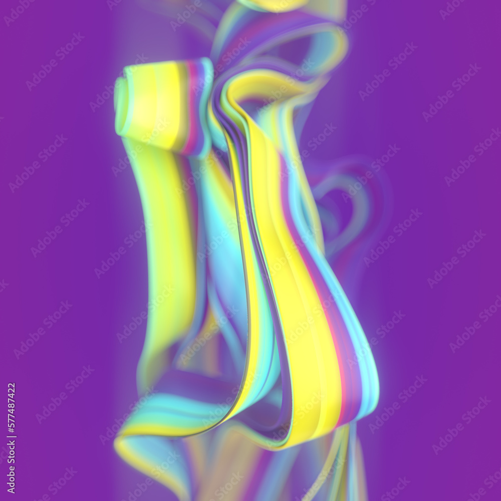 Poster Neon colored stripes of wavy fabric with depth of field. Abstract background. 3d rendering digital illustration