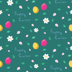 Pattern with Easter eggs, leaves, flowers.