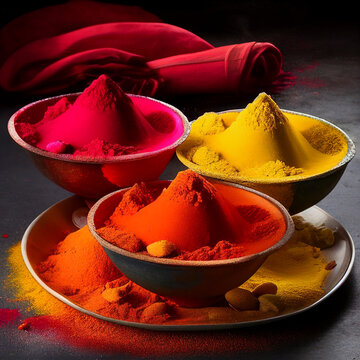 Gulal powders in bowls for Holi celebrations. Holi color powder. Created with Generative AI tool.