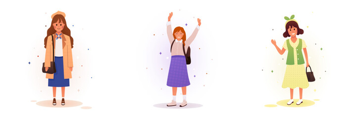 Vector illustration of joyful girls studying at school. A set of illustrations of smiling children dressed in different styles of clothing. Beautiful and modern school uniform for children.