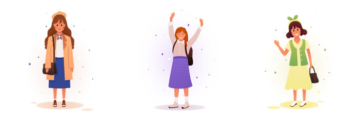 Vector illustration of joyful girls studying at school. A set of illustrations of smiling children dressed in different styles of clothing. Beautiful and modern school uniform for children.