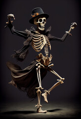 A skeleton in a hat and coat is dancing on stage. AI Generated