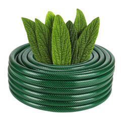 Coiled flexible tube watering garden hose hosepipe with plant leaves grow inside isolated on white...