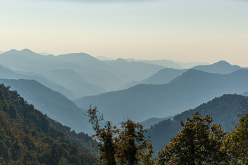 Mountain scebery of Bhutan under a blue sky