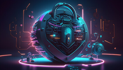 Illustration of a cyber lock glowing neon with symbols of technology around generative ai