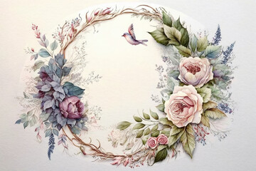 Fototapeta na wymiar Romantic wreath, mock up card. Wedding, marriage, bridal, birthday, Valentine's day. Floral frame of roses, copy space, vintage style. Watercolor, pastel colors. Generative AI