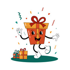Comic flat gift box character with bow on confetti background. Vector cartoon illustration in trendy retro style. Square image of cute present with smile for holiday season greeting poster or card