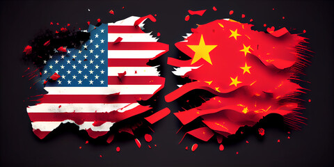American and Chinese flags  on black background. Concept of conflict war cause Taiwan. America USA VS China metaphor. Generative Ai.