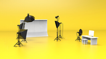 Fototapeta na wymiar photography studio with yellow background