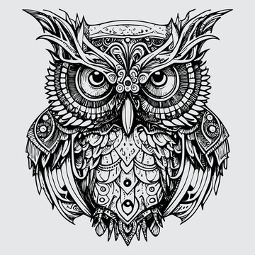steampunk owl illustration showcases an intricate fusion of metal and feathers, with gears, cogs, and clockwork detailing giving it a futuristic yet vintage feel