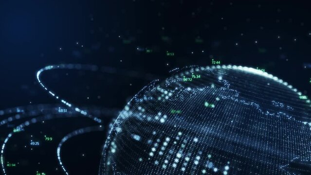 planet earth world map rotating motion graphic, future technology business concept