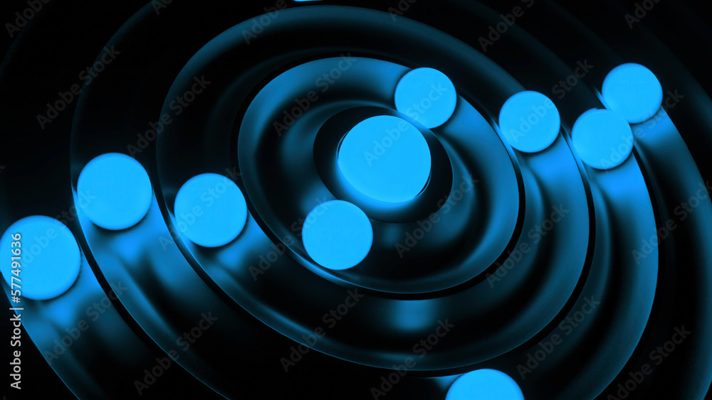 Poster glowing 3d balls move in rings. design. rotating 3d balls in spiral rings. glowing balls move in orb