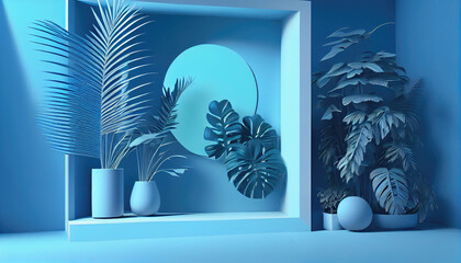 Blue studio stand for product on light background. Nature wall scene concept. Pastel color. Palm leaves. Generative, AI