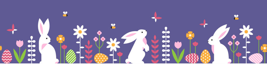 Easter horizontal seamless illustration with rabbits, flowers and eggs. 