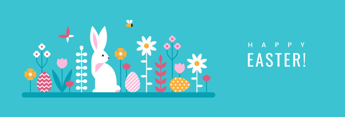 Easter horizontal greeting card with flowers, eggs and rabbit. - 577492036