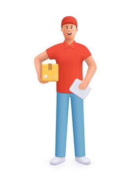 Delivery Courier Man In Red Uniform Holding Package Box. Safe Delivery Of Goods Concept. 3d Vector People Character Illustration. Cartoon Minimal Style.