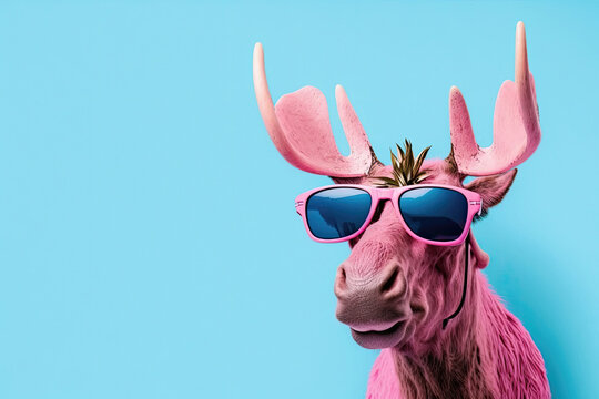 A whimsical pink moose with sunglasses and a pineapple on a blue background.