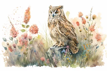 Foto op Canvas Watercolor painting of friendly owl in a colorful flower field. Ideal for art print, greeting card, springtime concepts etc. Made with generative AI.  © Aul Zitzke