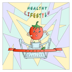 Carton Doodles hand drawning funny color vector images with inscription Change your lifestyle. Vegetable tomato runs on a treadmill simulator demonstrating a healthy lifestyle. 