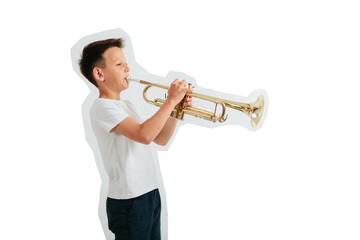 a child playing trumpet on turquoise background