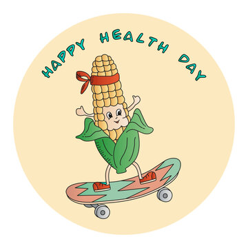 Carton Doodles hand drawning funny color vector images with inscription Happy helth day. Vegetable corn  is actively involved in sports demonstrating a healthy lifestyle. 