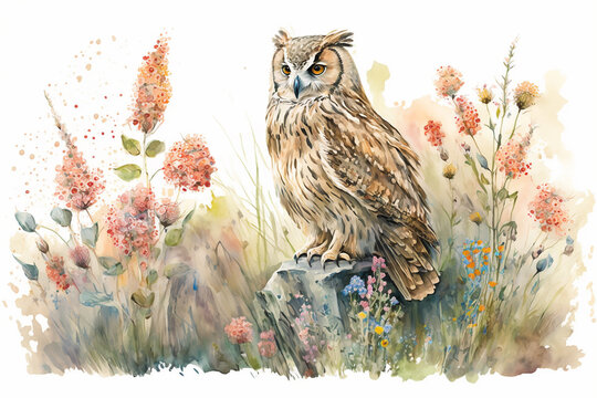 Watercolor painting of friendly owl in a colorful flower field. Ideal for art print, greeting card, springtime concepts etc. Made with generative AI.
