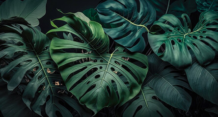 Fototapeta na wymiar Group background of dark green tropical monstera leaves. Generative ai.