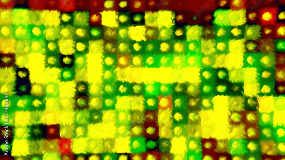 Poster colorful squares blink and pulse. motion. background of flashing squares and dots with blurry fluid 