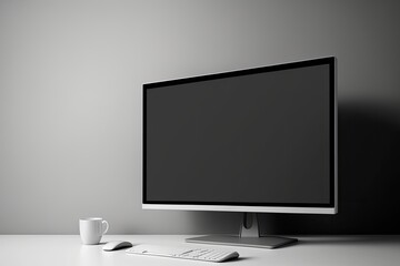 computer monitor with blank screen and copy area for product display, modern white desk, and grey wall,,. Generative AI