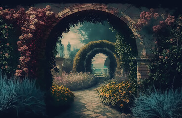Dreamy impressionist garden with floral arch, vintage style, Generative Ai