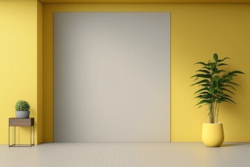 Fototapeta na wymiar Empty room interior design, yellow decorated molded panel, wooden white floor and potted plant, modern architecture background with copy space, template mockup idea, illustration. Generative AI