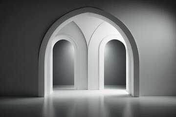 Interior background glowing arched openings in empty room. Generative AI