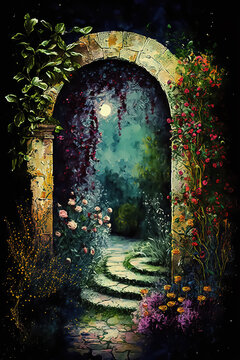 Dreamy impressionist garden with floral arch, vintage style, Generative Ai
