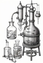 Moonshine machine for home alcohol production. Black and white image..
