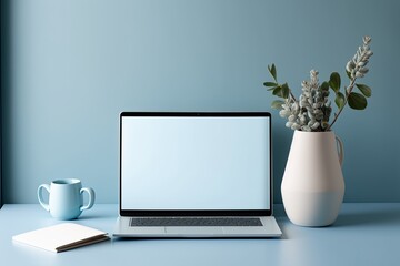 Mockup blank screen laptop and ceramic vase on white counter table with light blue wall, copy space. Generative AI