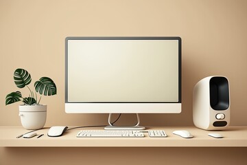 Minimalist workspace concept with desktop computer on beige background. Generative AI