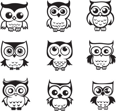Cartoon owl set icon, Vector illustration SVG, on a white background