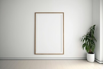 Blank frame by a white wall. Generative AI