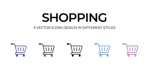 shopping Icon Design in Five style with Editable Stroke. Line, Solid, Flat Line, Duo Tone Color, and Color Gradient Line. Suitable for Web Page, Mobile App, UI, UX and GUI design.