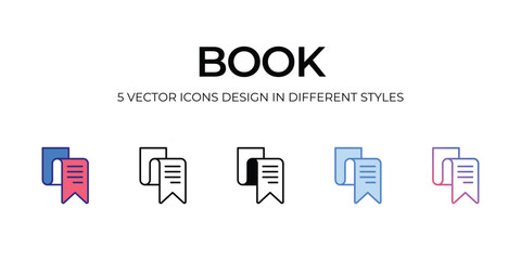 book Icon Design in Five style with Editable Stroke. Line, Solid, Flat Line, Duo Tone Color, and Color Gradient Line. Suitable for Web Page, Mobile App, UI, UX and GUI design.