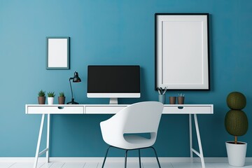 Home office desk with blue wall and white table mock up. Generative AI