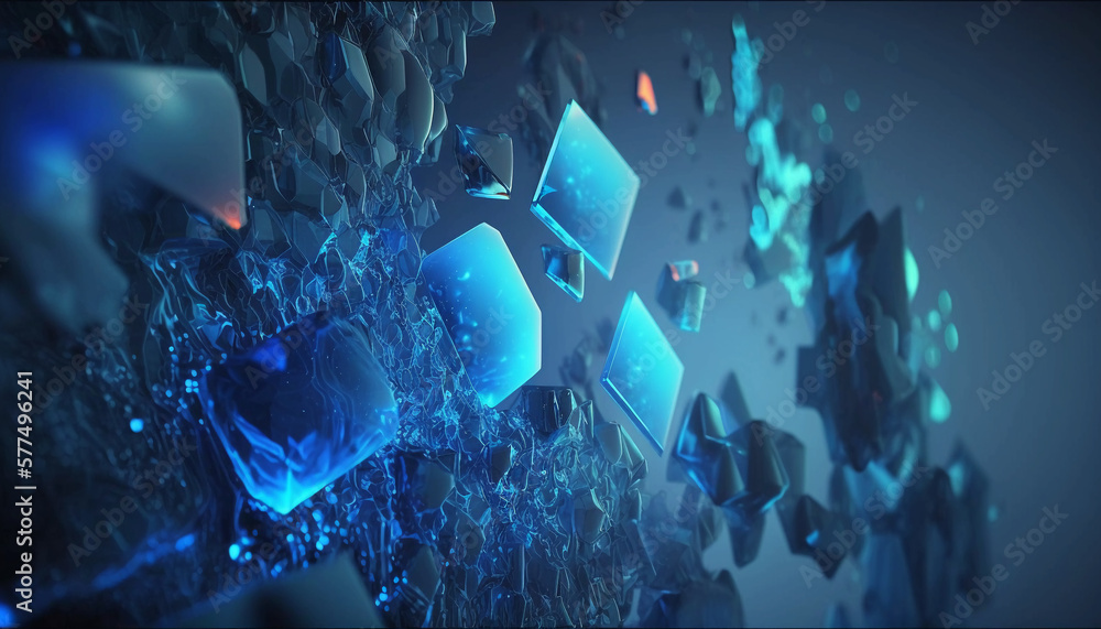Poster background shards of blue material, glass, particles, randomly scattered shards of blue particles, c