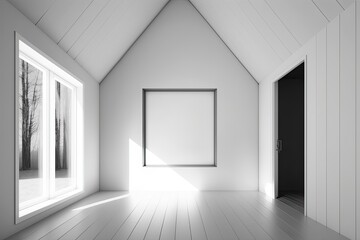 Fototapeta na wymiar Interior space with white wall window ceiling and wood floor. Front view minimal modern mock up . Sunlight warm lighting . illustration. Generative AI