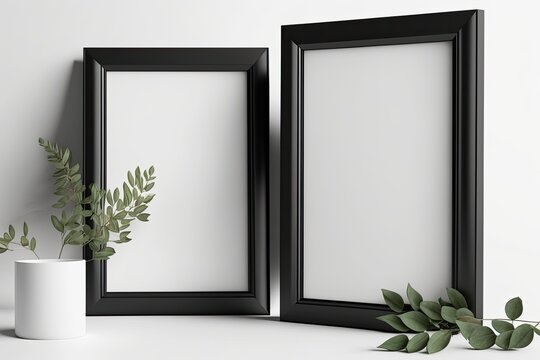 Two black photo frames with copyspace on white background. Home decoration. Generative AI