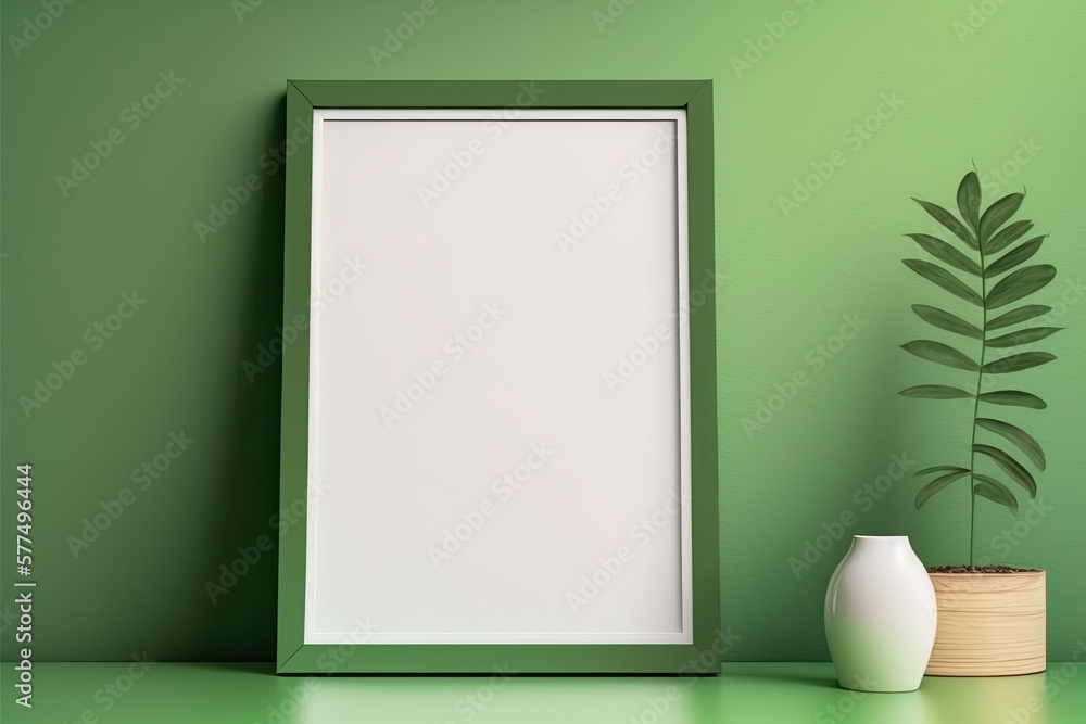 Poster an empty frame on a table against a green wall. generative ai
