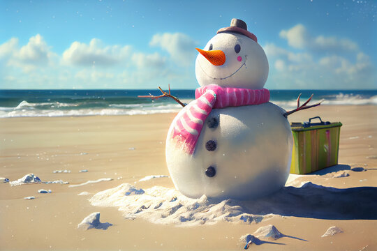 Generative AI snowman happy on the beach on a sunny day sunbathing