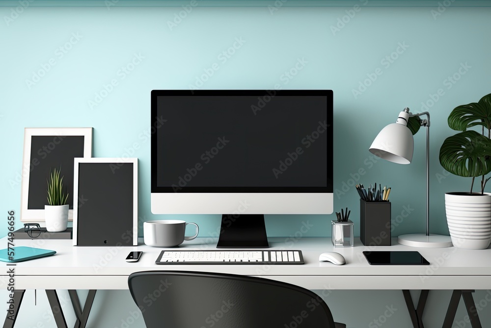 Poster stylish office setting with a contemporary computer on a table. draft for a design. generative ai